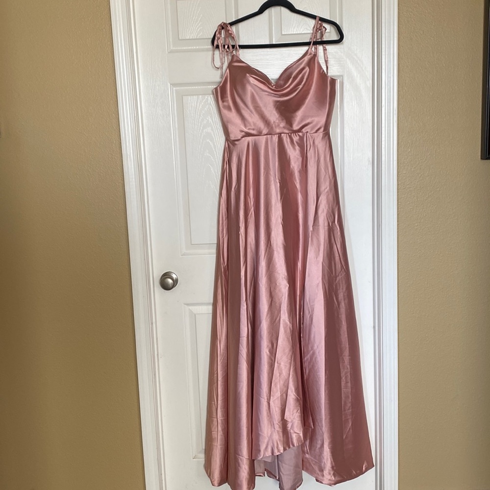 Strappy Slit Satin Dress Long Formal Evening Ball Gowns w/ Pockets- Dusty Rose